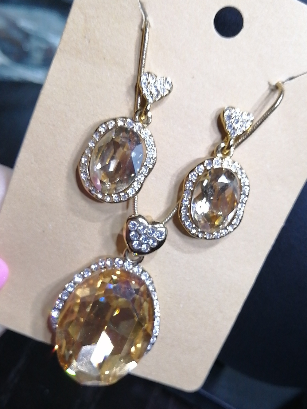 EA Champagne Crystal Heart Crystal Pendant On Chain Necklace And Earrings Set